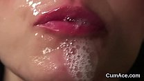 Horny centerfold gets cum load on her face swallowing all the jizm