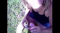 Married paying a blow job to her husband's friend in the woods
