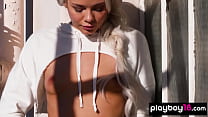 Skinny blonde teen pornstar Elsa Jean reveals her tiny tits outdoor